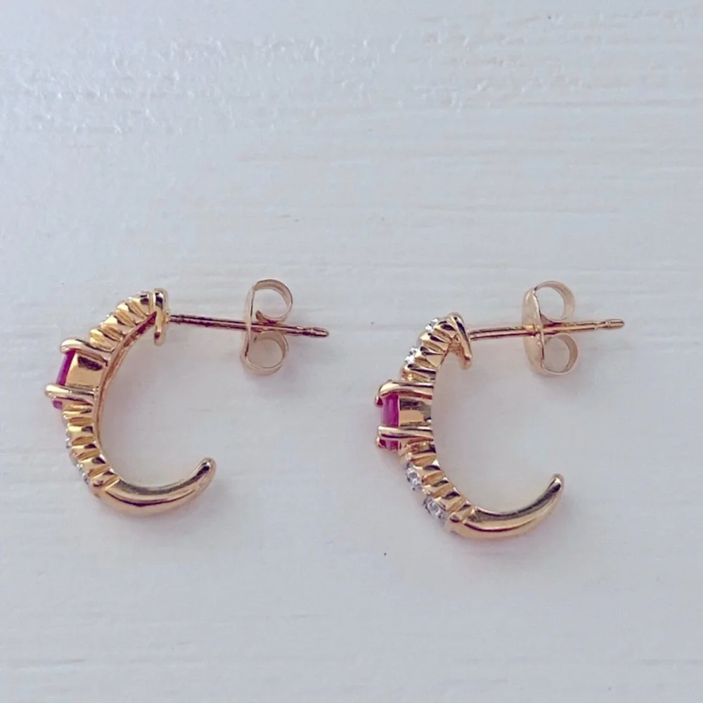 Ross Simons Gold over Sterling Silver 925 Diamond Accent Ruby 1/2 Hoop Earrings - Picture 3 of 4